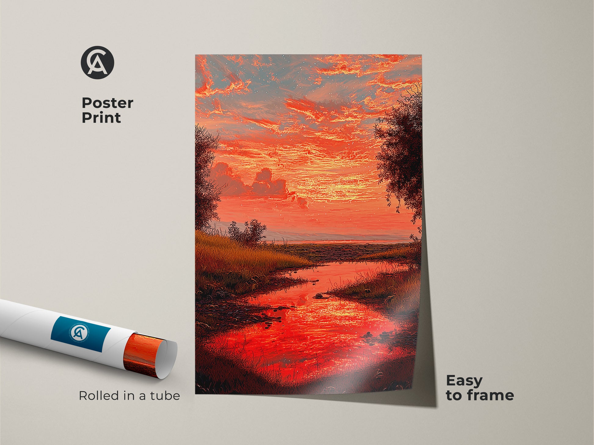 Poster print of a scenic river landscape at sunset. The red and orange nature art is rolled in a tube for easy framing. This impressionist landscape painting adds a touch of elegance to any space. Its vibrant colors and peaceful scene make it a perfect gift.