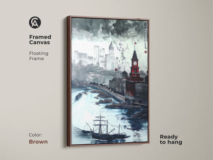 Framed canvas with floating frame. This brown framed art shows a Chinese ink wash cityscape. The artwork features maritime architecture with a clock tower and tall ships. Ready to hang this eclectic home decor is sophisticated.