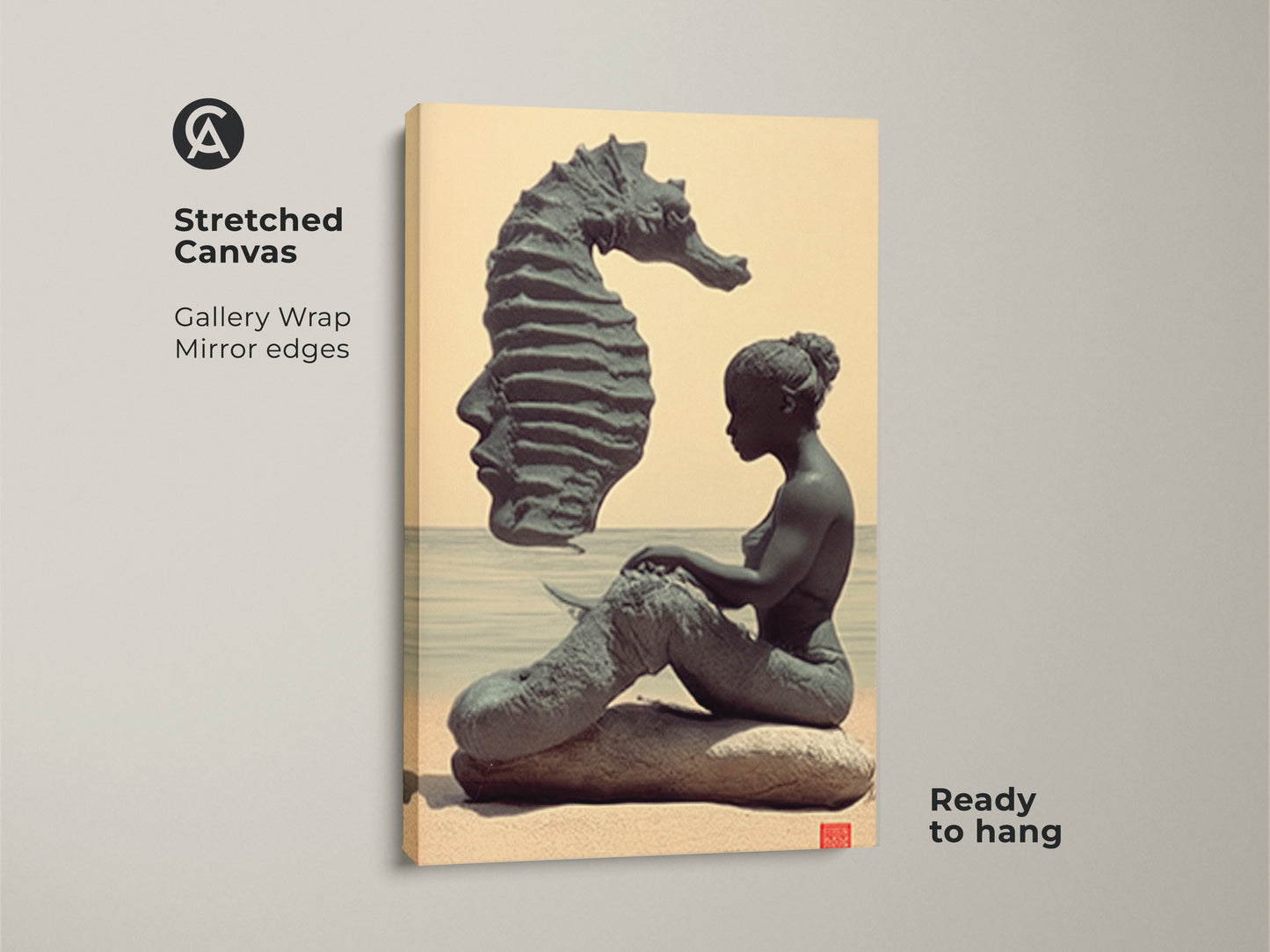 Stretched canvas gallery wrap featuring surreal mermaid art. The fantasy seahorse wall art is ready to hang. The mirror edges enhance the teal and beige coastal artwork. This unique ocean art is perfect for eclectic home decor.