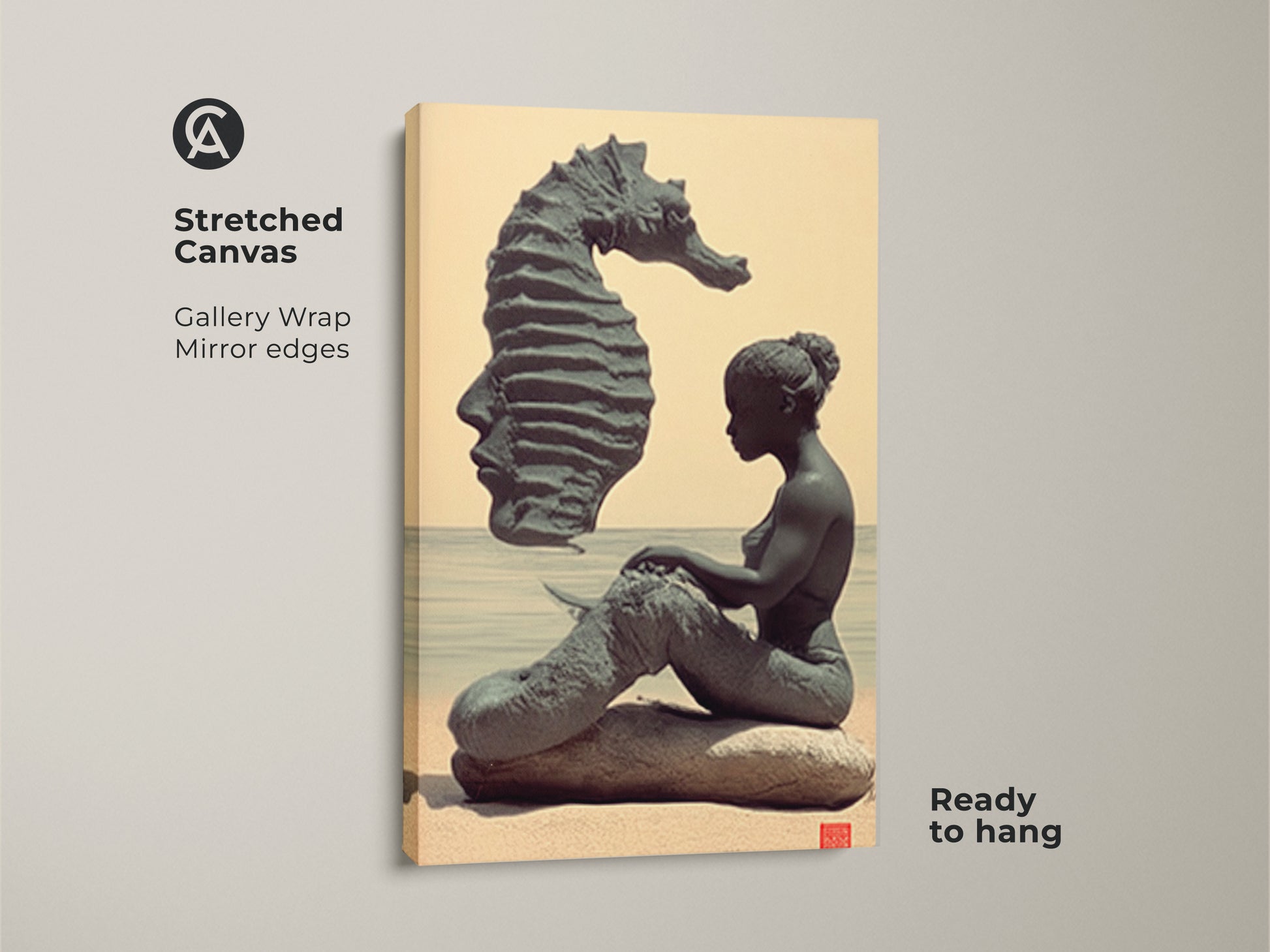 Stretched canvas gallery wrap featuring surreal mermaid art. The fantasy seahorse wall art is ready to hang. The mirror edges enhance the teal and beige coastal artwork. This unique ocean art is perfect for eclectic home decor.