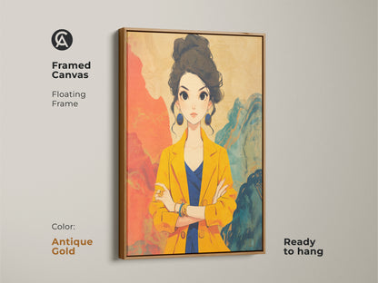Antique gold framed canvas art featuring a contemporary fashion anime portrait. The stylish woman is depicted in a vibrant yellow and blue color scheme. Ready to hang this unique artwork adds a touch of elegance to any space. Perfect as a statement piece or a thoughtful gift for art lovers.