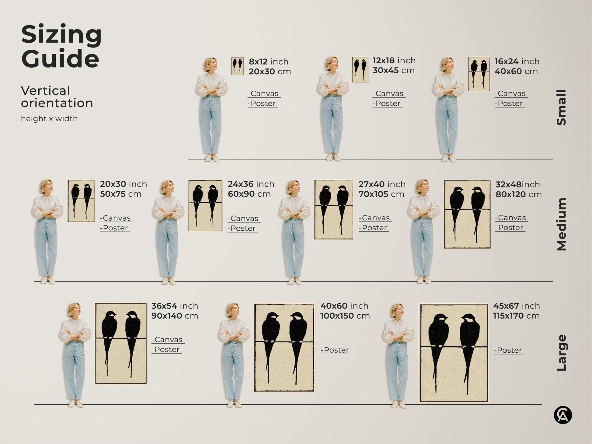 Sizing guide for minimalist bird artwork showing vertical orientation and height x width measurements. The black cream art print is available as canvas or poster. See how the modern abstract animal art fits different spaces. Perfect to make the right choice for your needs.