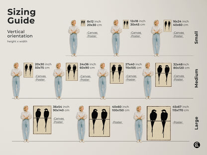 Sizing guide for minimalist bird artwork showing vertical orientation and height x width measurements. The black cream art print is available as canvas or poster. See how the modern abstract animal art fits different spaces. Perfect to make the right choice for your needs.