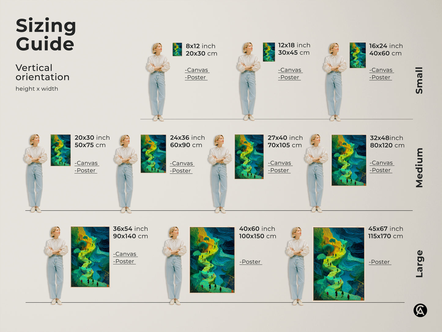 This sizing guide shows various vertical orientations of this fantasy art print. The canvas and poster options come in small medium and large sizes. Visualize how this emerald green and golden yellow abstract art will look in your space. Perfect for adding an eclectic touch to any room.