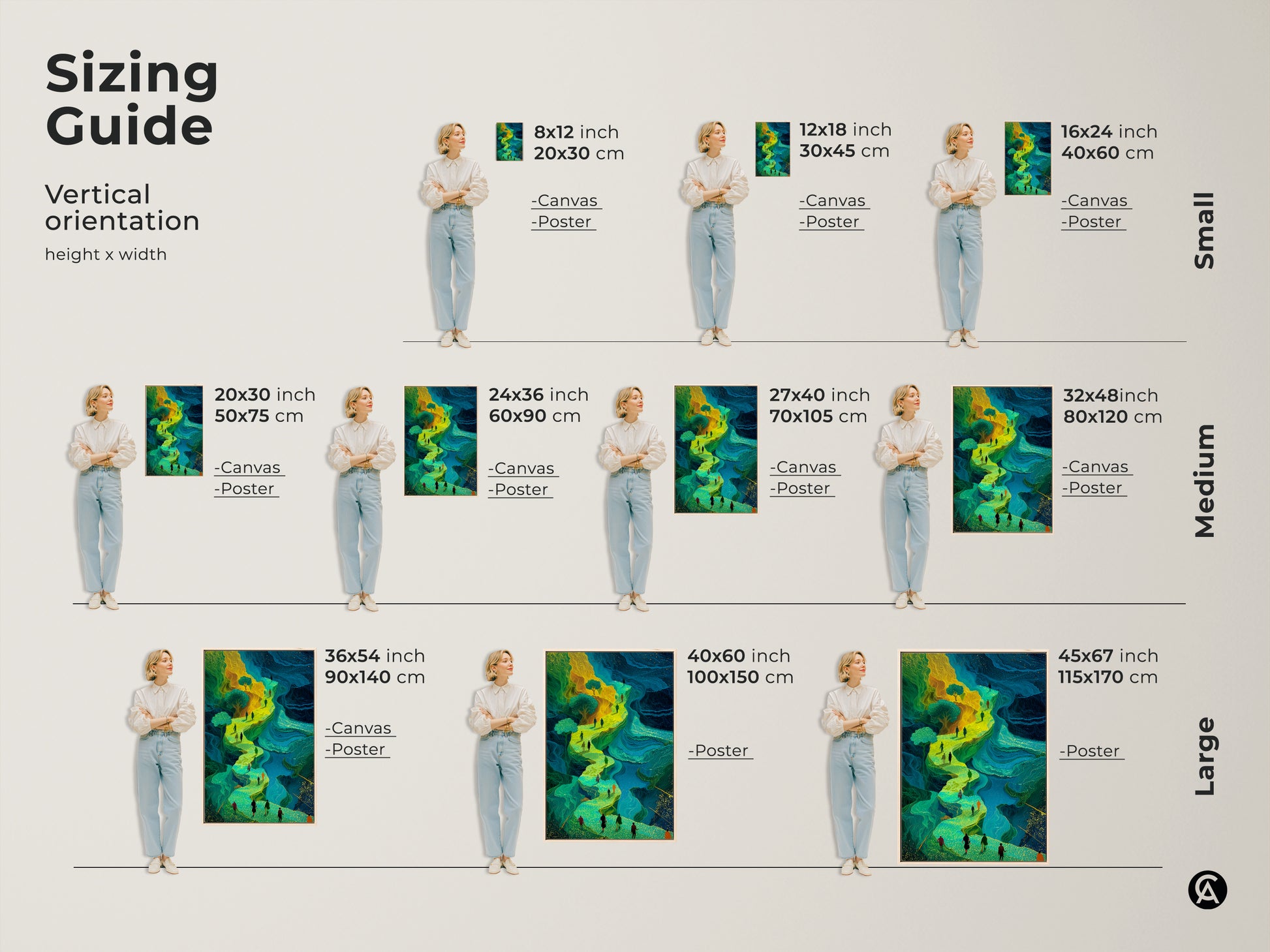 This sizing guide shows various vertical orientations of this fantasy art print. The canvas and poster options come in small medium and large sizes. Visualize how this emerald green and golden yellow abstract art will look in your space. Perfect for adding an eclectic touch to any room.