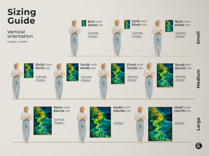 This sizing guide shows various vertical orientations of this fantasy art print. The canvas and poster options come in small medium and large sizes. Visualize how this emerald green and golden yellow abstract art will look in your space. Perfect for adding an eclectic touch to any room.