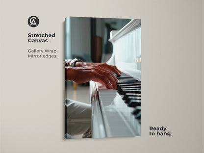 Stretched canvas piano artwork. The image captures hands playing a white grand piano. Gallery wrapped with mirrored edges. Ready to hang musical art. Ideal for living rooms or music studios. Get this beautiful artwork today
