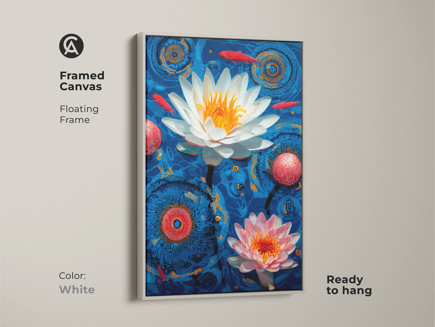 Framed Canvas with a white floating frame showcasing a Modern Folk art print of water lilies and koi fish. The deep blue orange and red colors create a striking contrast. Perfect as eclectic wall decor this framed piece adds a touch of serene beauty.