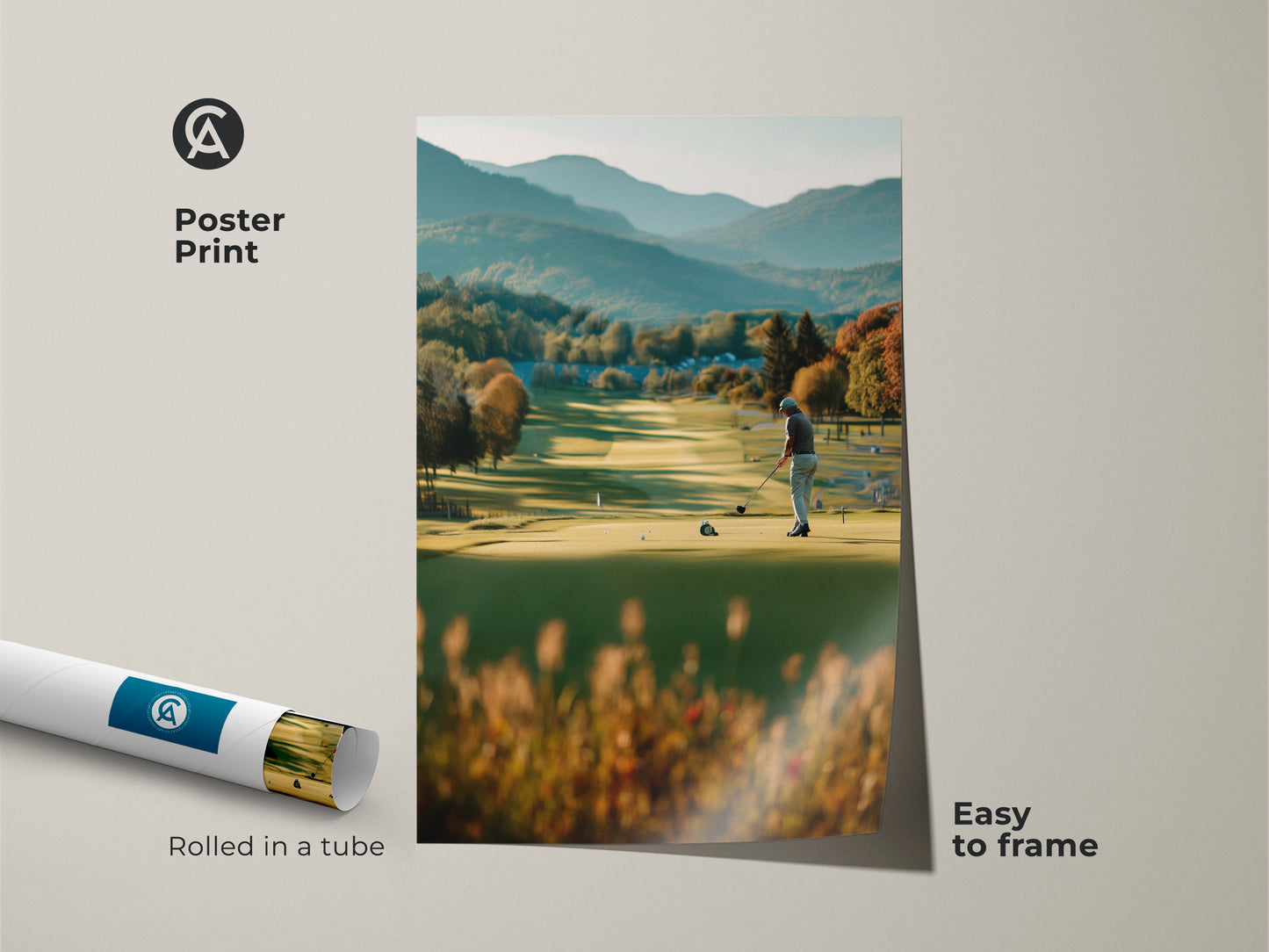 Enjoy the beauty of golf with this golf course poster print. The scenic artwork features a golfer on a green course with mountains in the background. This museum-quality paper art is easy to frame and adds a touch of class to any room.