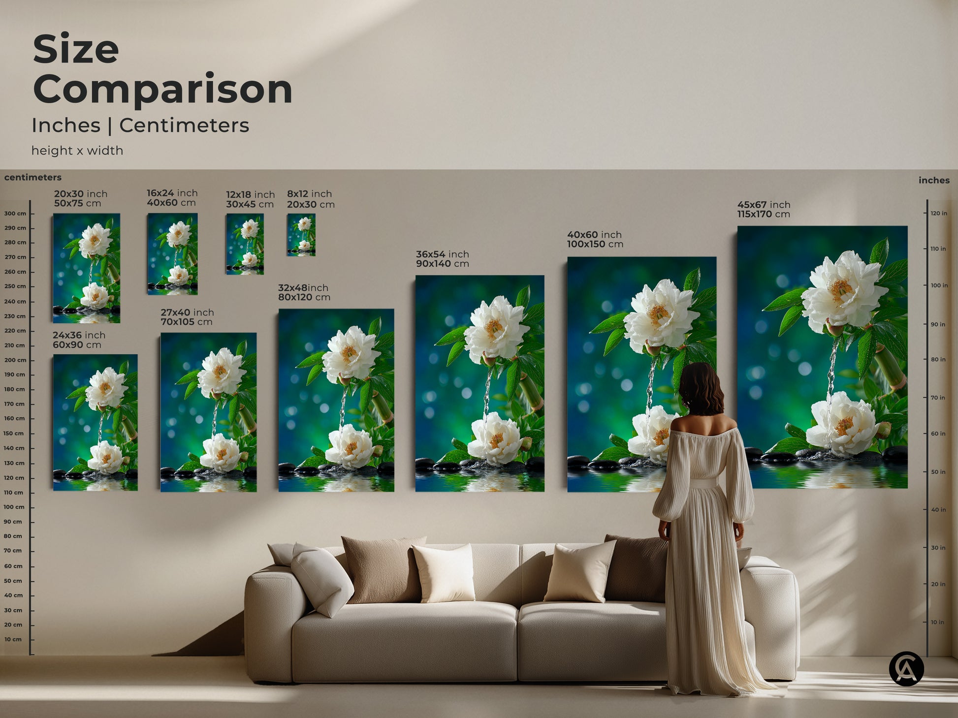 Size comparison of floral art prints in inches and centimeters. Visualize different sizes to find the perfect fit. From small to extra large canvas and poster options are available. Enhance your home decor today.