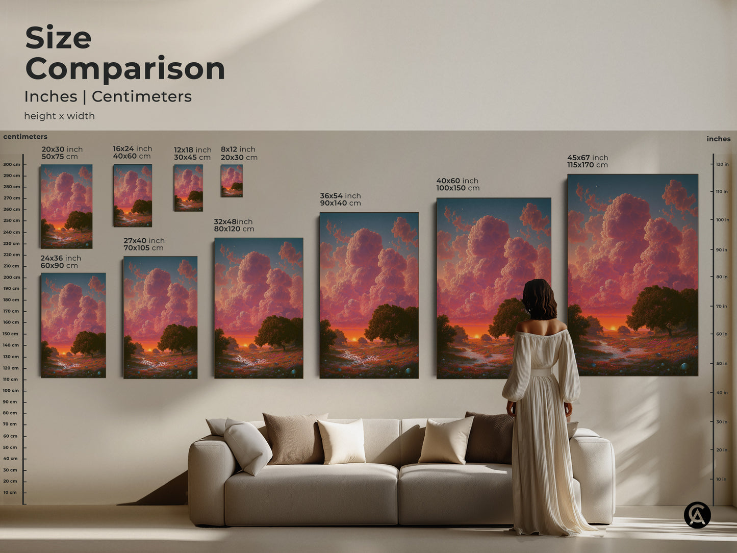 Size comparison of dreamy landscape art prints in inches and centimeters. See how each size fits above a sofa. Various sizes are available for the nature trees canvas art. Find the perfect scale for your living room nature print.