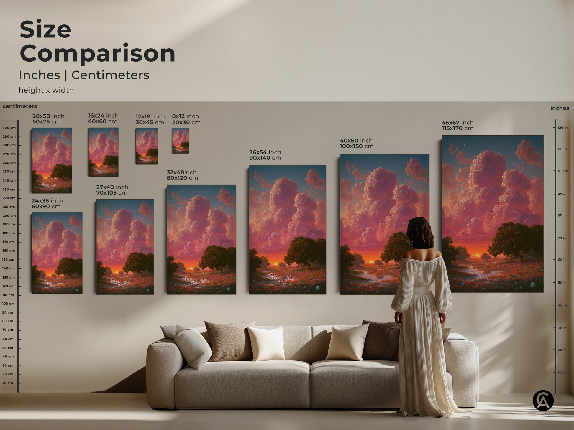 Size comparison of dreamy landscape art prints in inches and centimeters. See how each size fits above a sofa. Various sizes are available for the nature trees canvas art. Find the perfect scale for your living room nature print.