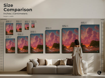 Size comparison of dreamy landscape art prints in inches and centimeters. See how each size fits above a sofa. Various sizes are available for the nature trees canvas art. Find the perfect scale for your living room nature print.