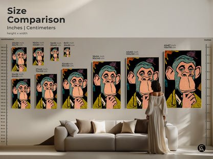 Size comparison of Bored Ape NFT artwork in a living room. Various sizes are available to fit your space. This artwork is perfect for any NFT enthusiast. Choose from canvas and poster prints.