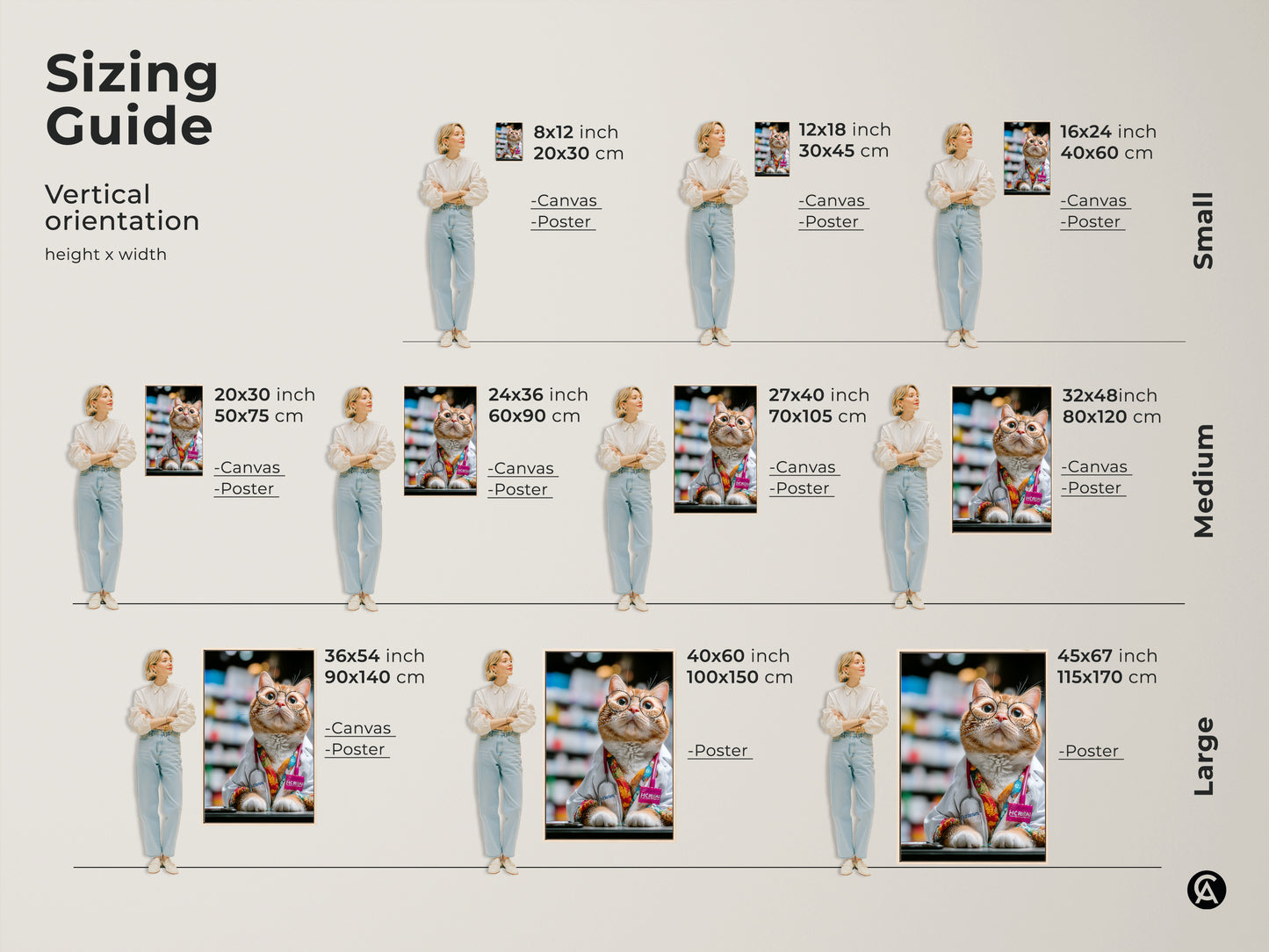 Sizing guide for the orange cat doctor artwork. Vertical orientation options include small medium and large sizes. Perfect as funny animal art for an office or a unique veterinarian gift. Select the ideal size for your space.