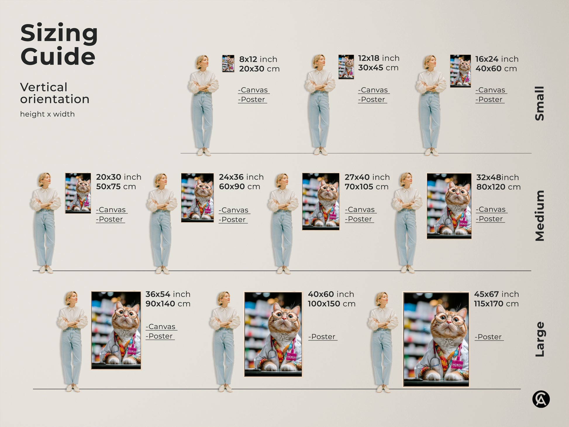 Sizing guide for the orange cat doctor artwork. Vertical orientation options include small medium and large sizes. Perfect as funny animal art for an office or a unique veterinarian gift. Select the ideal size for your space.