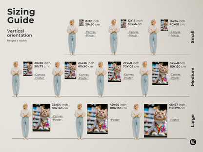 Sizing guide for the orange cat doctor artwork. Vertical orientation options include small medium and large sizes. Perfect as funny animal art for an office or a unique veterinarian gift. Select the ideal size for your space.