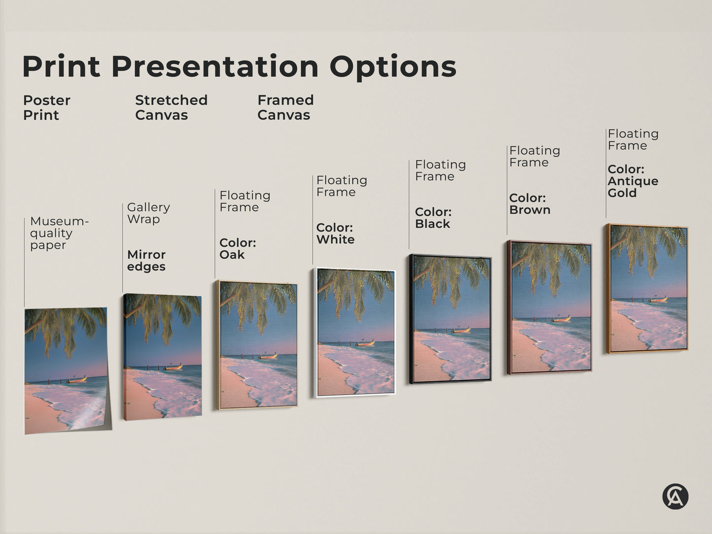 Explore print presentation options with this tropical beach artwork. Choose from poster prints stretched canvas and framed canvas. Each option brings a coastal vibe with pink blue teal tones. Find the perfect art for your space.