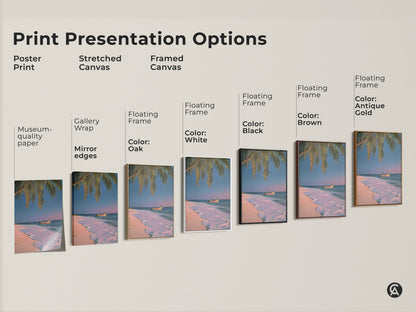 Explore print presentation options with this tropical beach artwork. Choose from poster prints stretched canvas and framed canvas. Each option brings a coastal vibe with pink blue teal tones. Find the perfect art for your space.