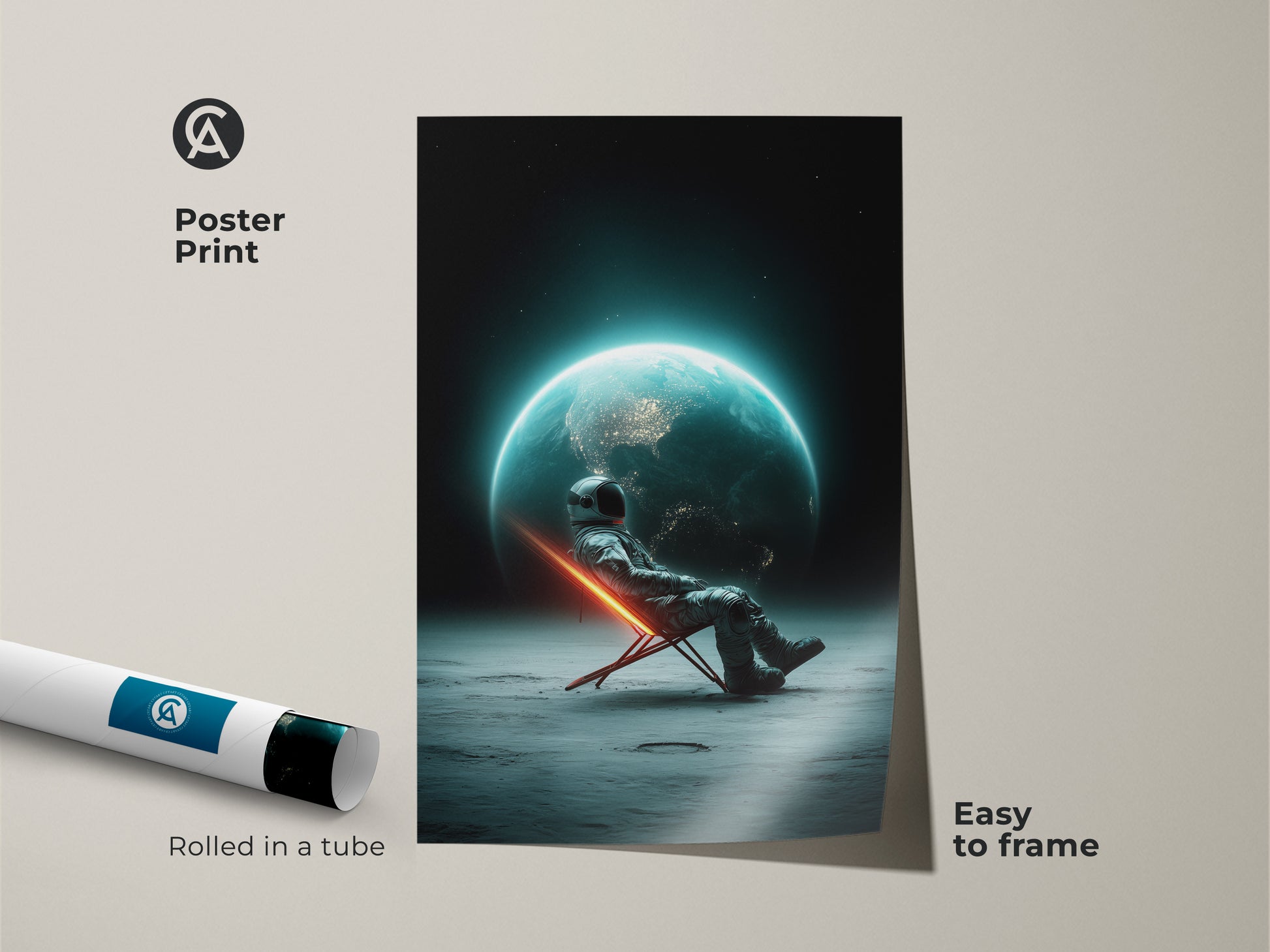 Poster print of an astronaut on the moon. A surreal sci-fi canvas shows earth from a futuristic space view. This cosmic landscape print is easy to frame. A unique wall hanging makes excellent office space decor. Rolled in a tube for protection.