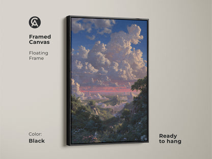 Framed canvas in black showcasing a luminism landscape. The blue green nature wall art is ready to hang. This romantic sky art print enhances traditional wall art.