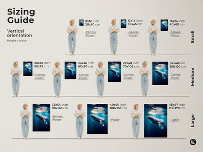 Sizing guide for humpback whale canvas and poster prints. Vertical orientation options from small to large. Visualize the artwork in different sizes with models. Find the perfect fit for your space with this deep blue ocean art. Enhance your coastal decor with realistic marine life artwork.