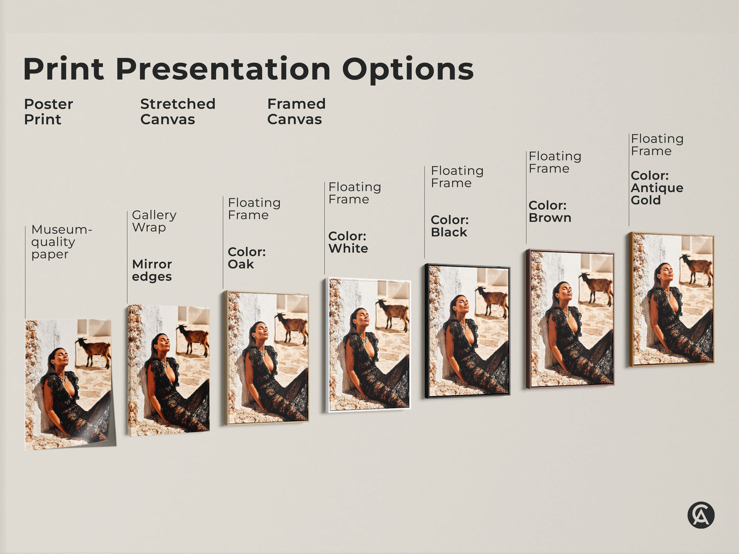 Print Presentation Options for fashion photography. Featuring a woman in a black lace dress with a goat. Options include poster prints and stretched canvas. Available as framed canvas in various colors. This artwork provides museum-quality aesthetic. Perfect for adding an eclectic decor to any space.