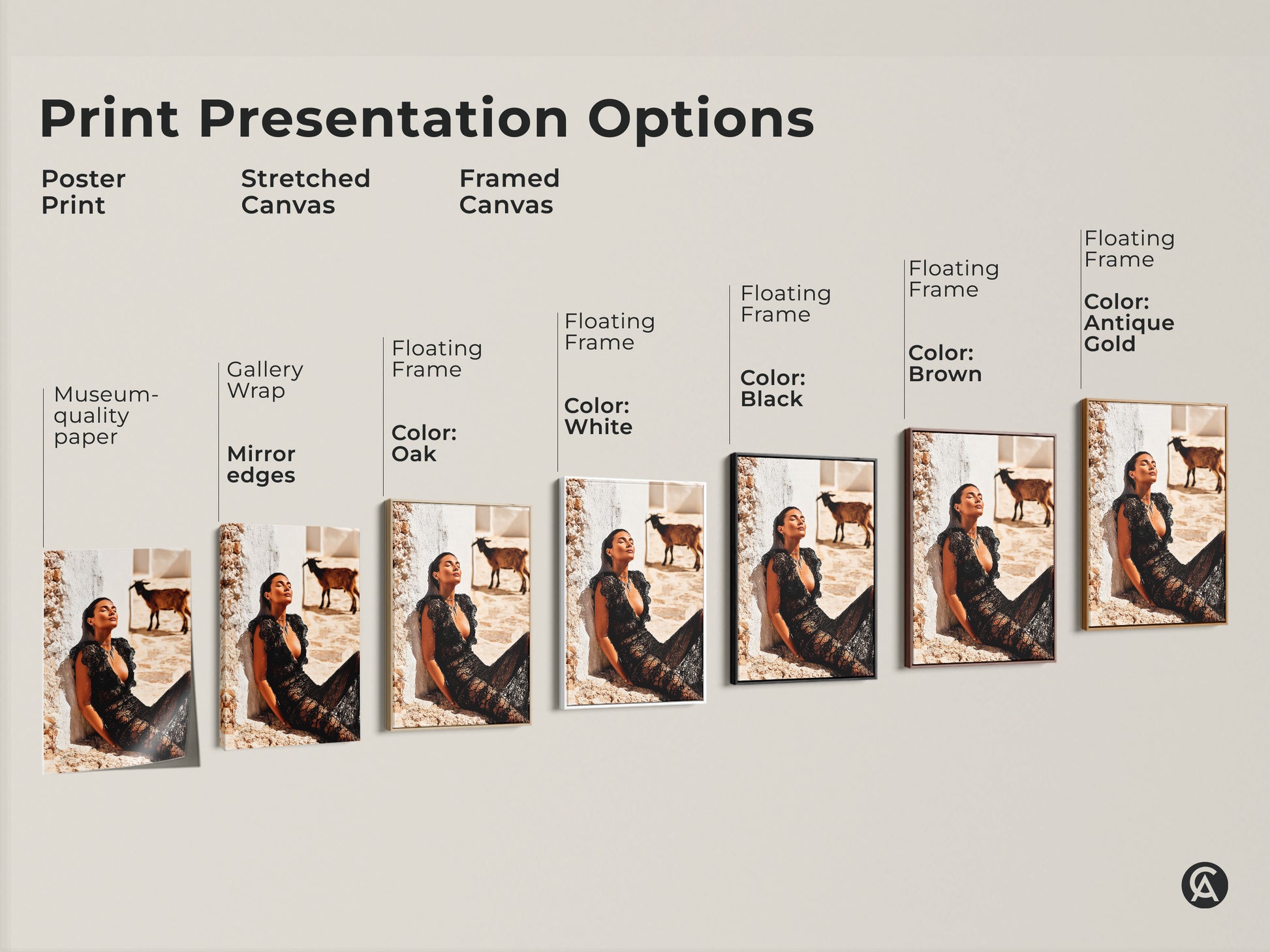 Print Presentation Options for fashion photography. Featuring a woman in a black lace dress with a goat. Options include poster prints and stretched canvas. Available as framed canvas in various colors. This artwork provides museum-quality aesthetic. Perfect for adding an eclectic decor to any space.