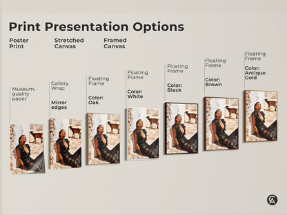 Print Presentation Options for fashion photography. Featuring a woman in a black lace dress with a goat. Options include poster prints and stretched canvas. Available as framed canvas in various colors. This artwork provides museum-quality aesthetic. Perfect for adding an eclectic decor to any space.