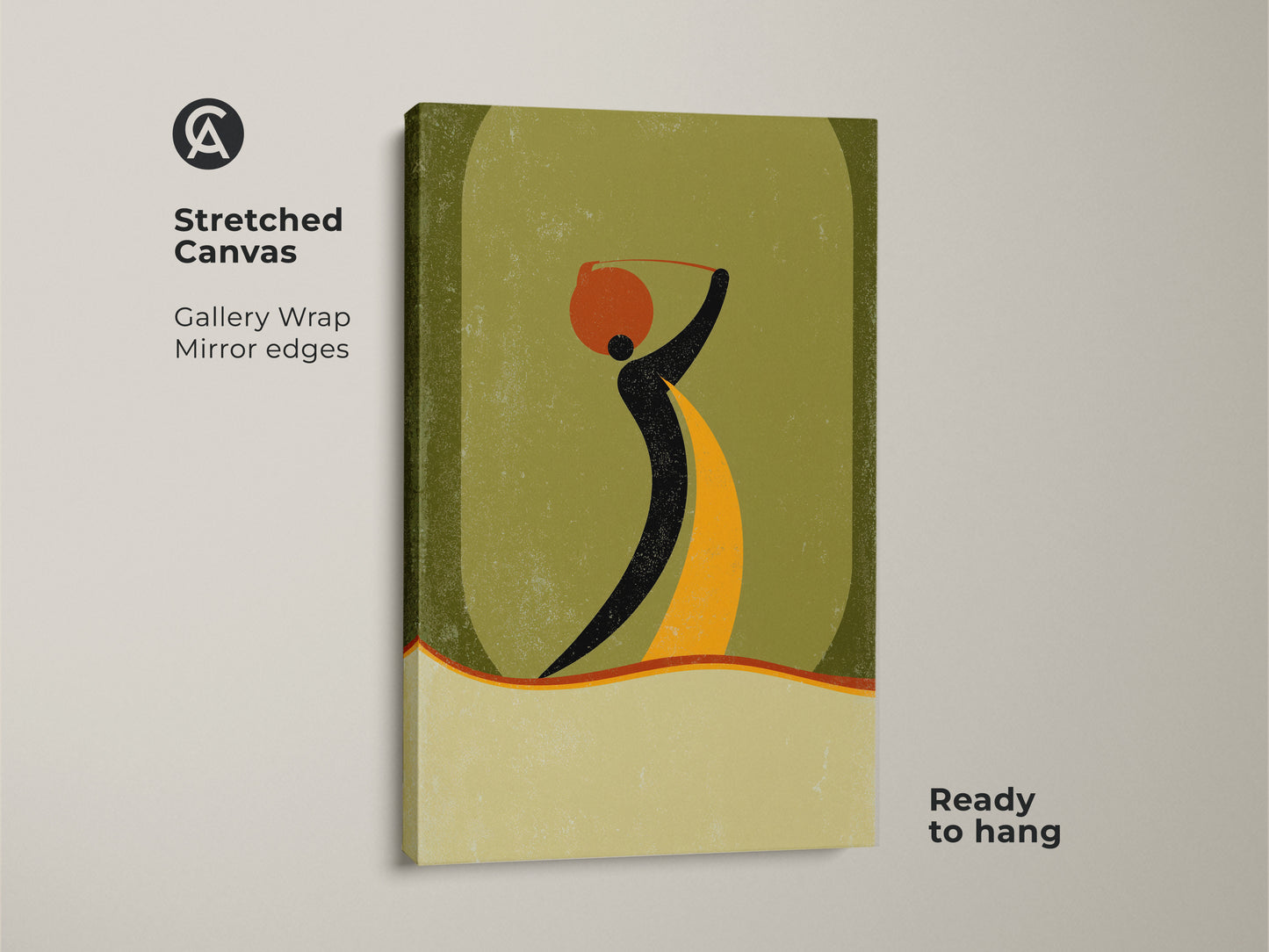 Stretched canvas print of an abstract woman carrying a pot in a boho figurative style. The mid-century modern artwork has an orange yellow and green palette. Ready to hang this wall decor is gallery wrapped.