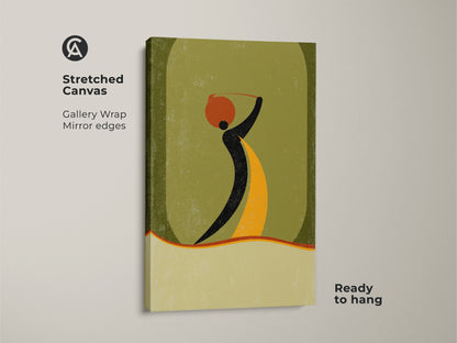 Stretched canvas print of an abstract woman carrying a pot in a boho figurative style. The mid-century modern artwork has an orange yellow and green palette. Ready to hang this wall decor is gallery wrapped.