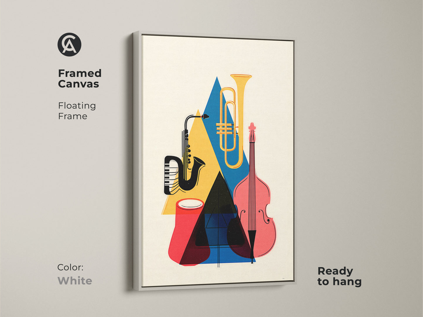 Framed canvas of modern instrumental canvas with a floating white frame. The art features mid-century modern instruments a saxophone tuba and double bass. Geometric shapes are in yellow blue and red. Ready to hang this pop art music print brings an artistic vibe. Perfect for music lovers or musicians.