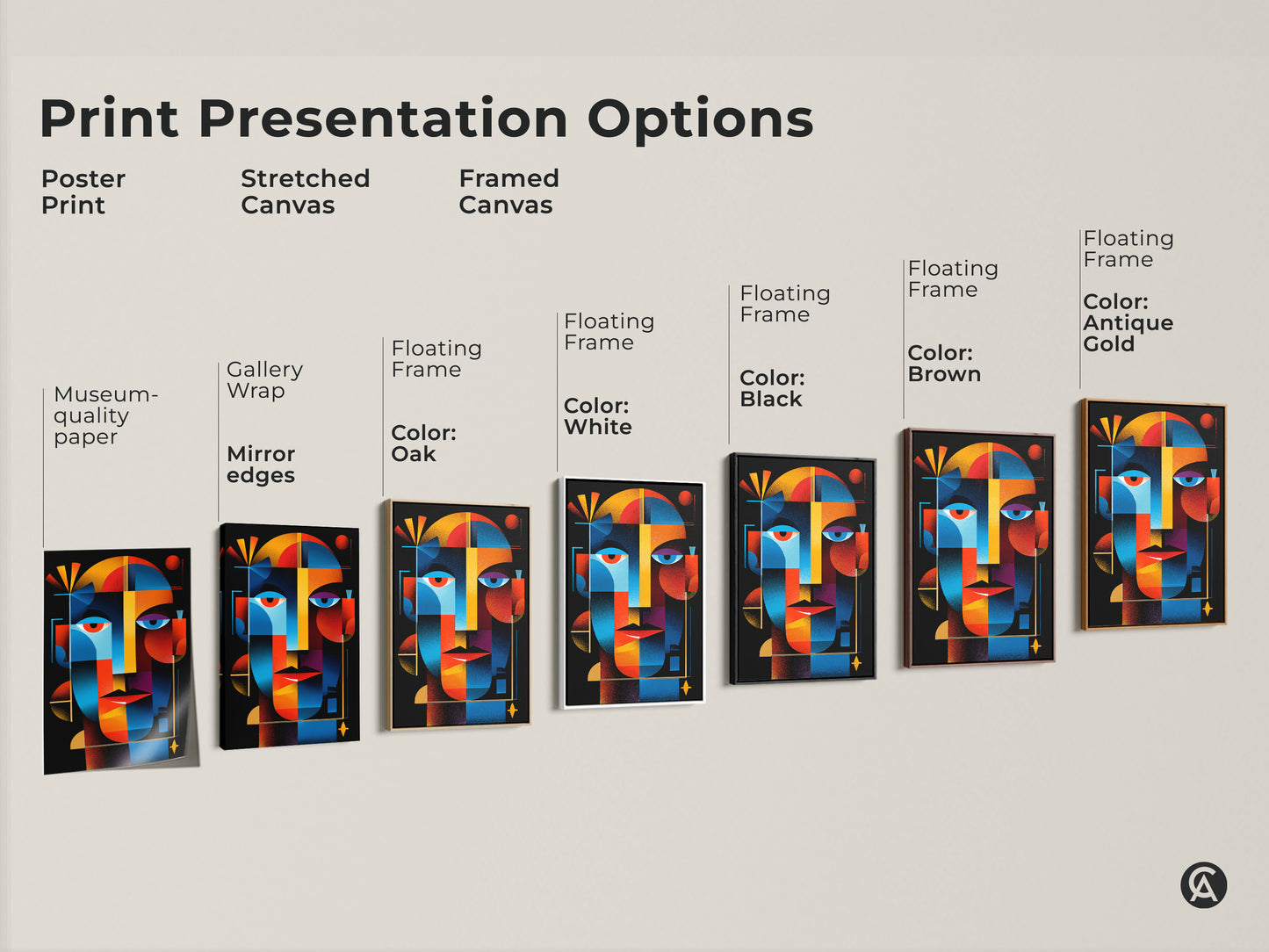 Explore print presentation options for abstract face art. Choose from poster prints. Also stretched canvas and framed canvas. Each option highlights the colorful geometric artwork.