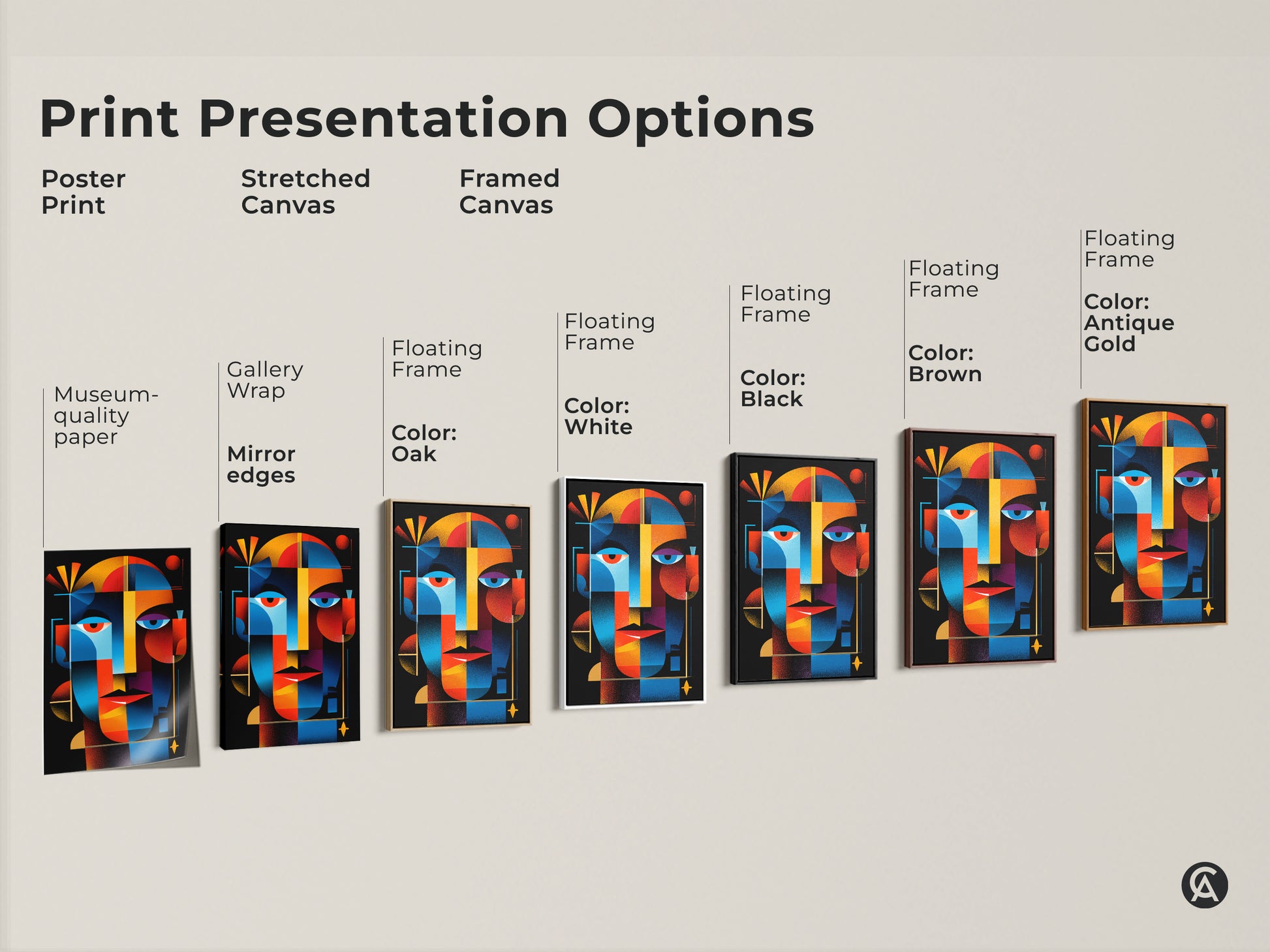 Explore print presentation options for abstract face art. Choose from poster prints. Also stretched canvas and framed canvas. Each option highlights the colorful geometric artwork.