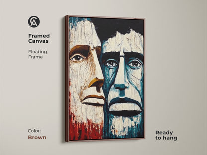 Brown framed canvas of abstract men portrait. Crimson blue expressionism wall art ready to hang. Floating frame complements eclectic home decor. Enhances study room wall art and office spaces. This artwork is a unique and striking wall decor option.