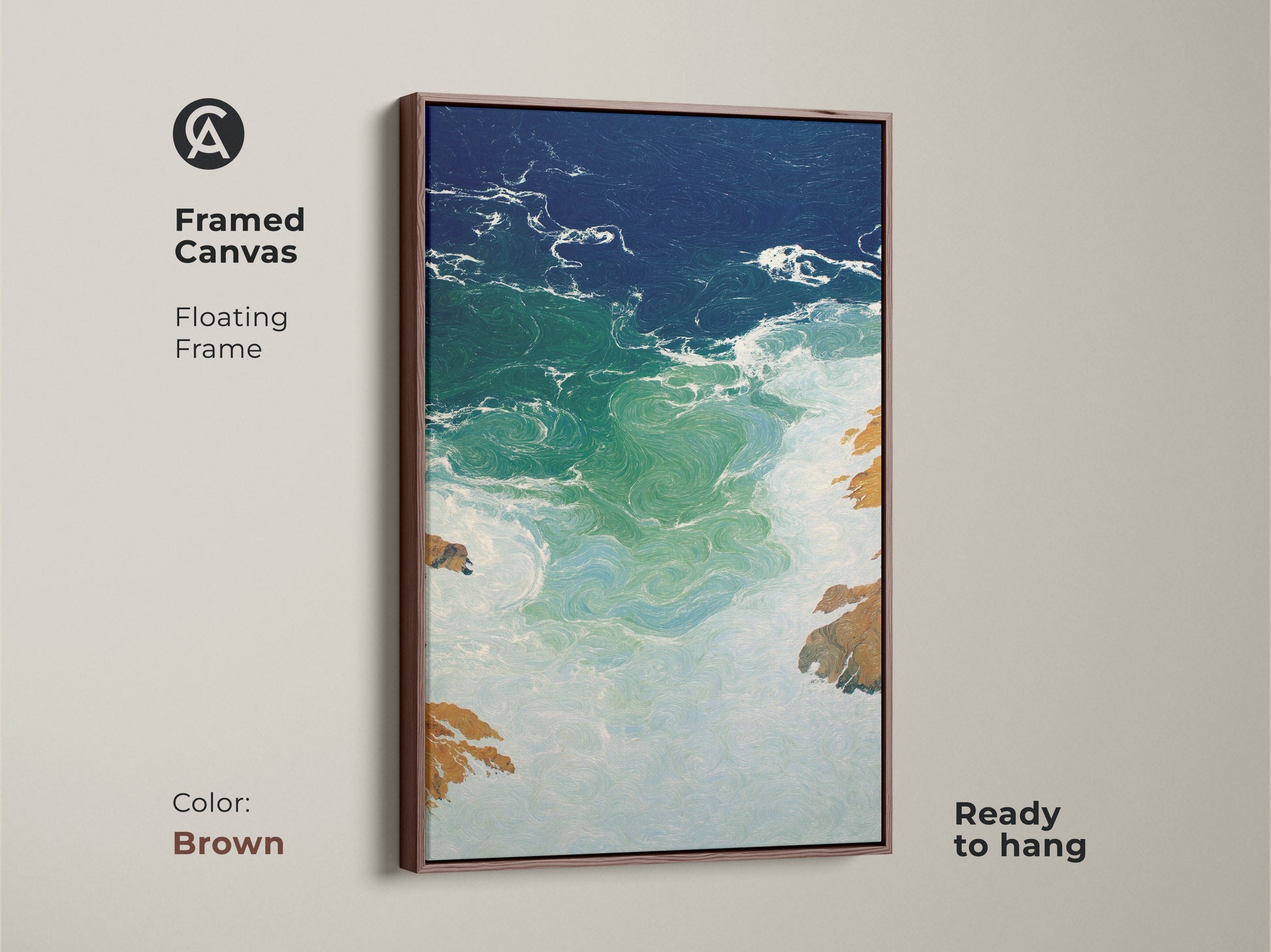 Framed Canvas in Brown color shows abstract ocean waves artwork ready to hang. This coastal modern wall art piece features a deep blue emerald seascape for a refined look. A residential abstract painting on canvas is perfect as a beach lover housewarming gift. Enhance your space with emerald green ocean print a coastal abstract artwork.
