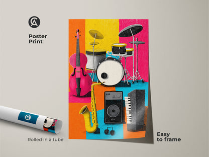 Poster print of musical instruments. This artwork features a cello drum set saxophone keyboard and speaker. The colorful blocks provide a vibrant and modern look. This poster print is easy to frame. Rolled in a tube for protection.