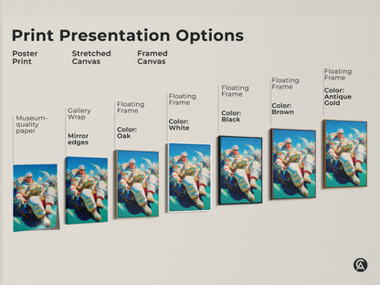 Explore print presentation options with this astronaut artwork. See it as a poster print. A stretched canvas or framed canvas. Visualize how this vibrant piece elevates your space in various styles.