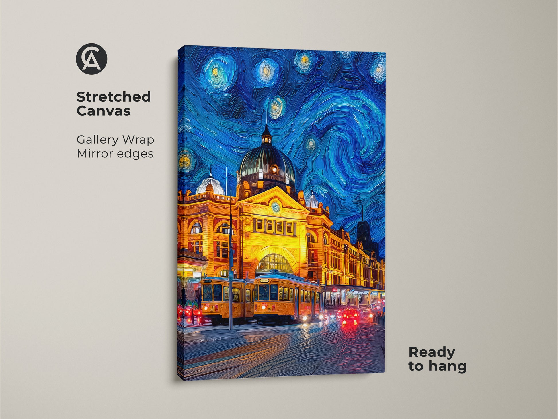 A stretched canvas print of Flinders Street Station in Melbourne. This artwork is in a Starry Night style. The gallery wrap has mirror edges. It is ready to hang. Perfect wall art for Australia lovers.