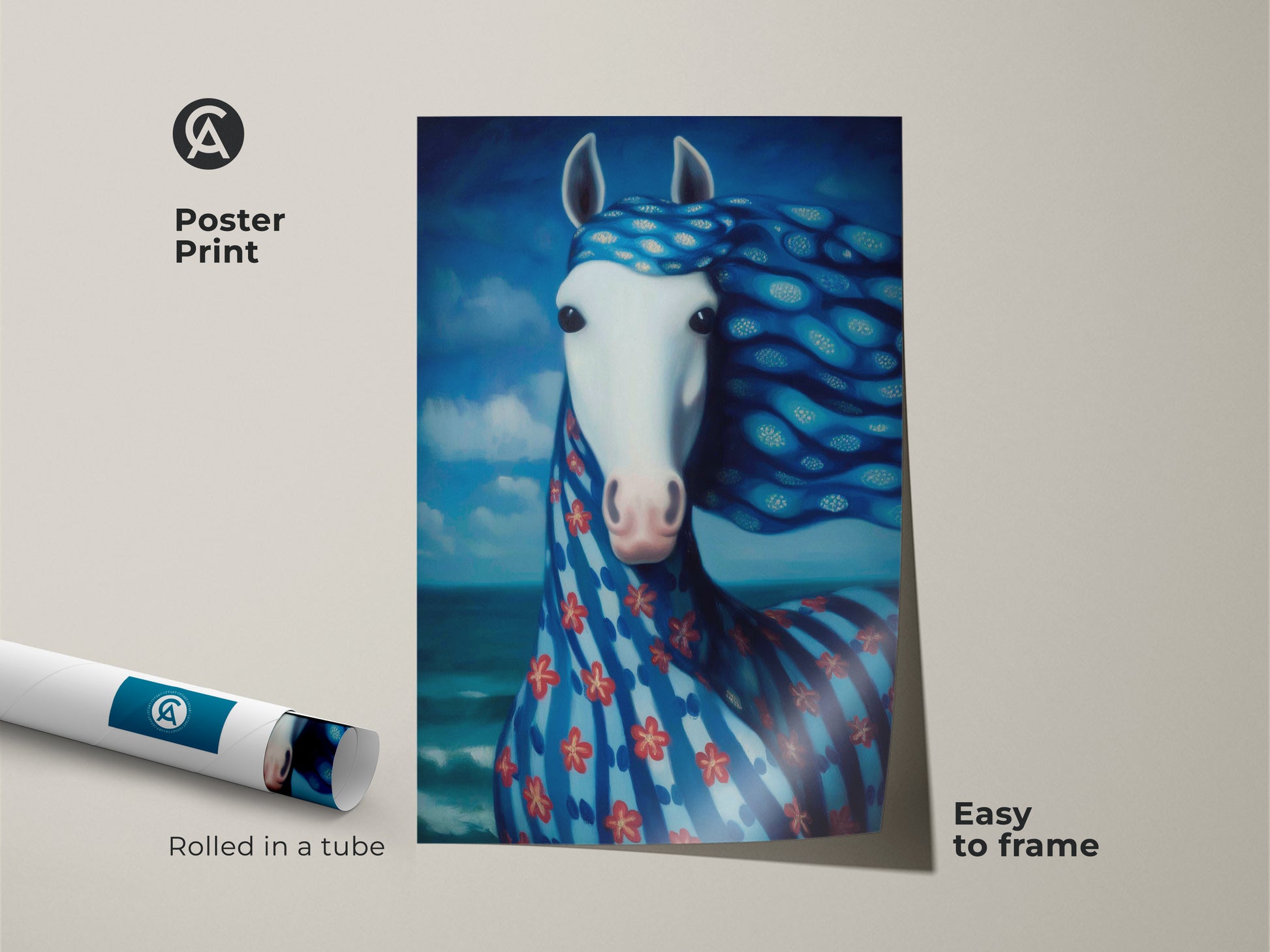 Poster print of a surreal blue horse. Rolled in a tube for easy framing. This fantasy nature art print is perfect for a horse lover gift idea. Add coastal home decor art.