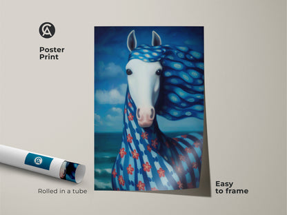 Poster print of a surreal blue horse. Rolled in a tube for easy framing. This fantasy nature art print is perfect for a horse lover gift idea. Add coastal home decor art.