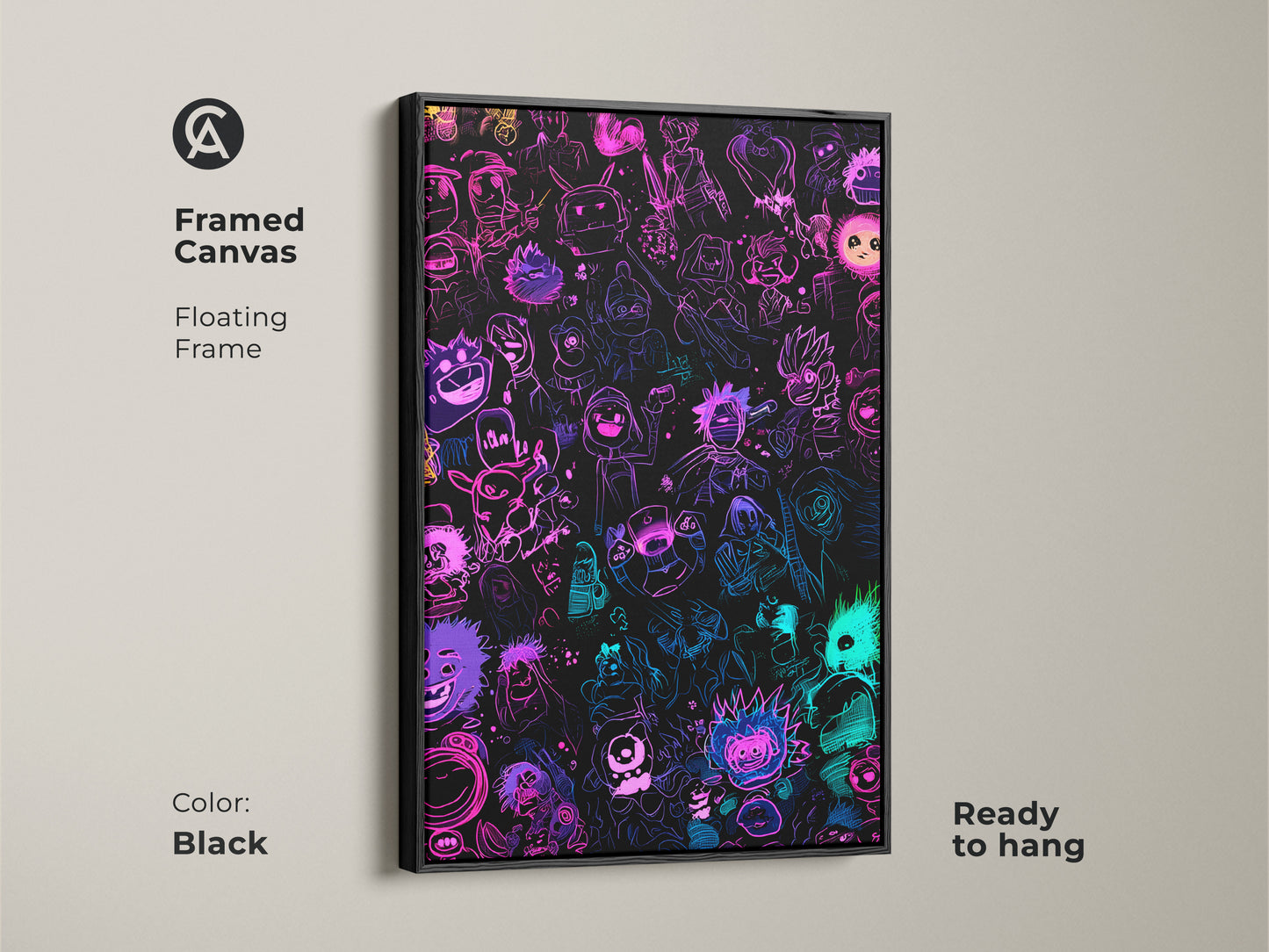 Neon cartoon character art in a black framed canvas. This artwork features a floating frame. It is ready to hang and will add a modern touch to your decor. The neon colors create a visually stunning effect. This is a must-have for any cartoon fan