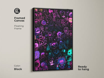 Neon cartoon character art in a black framed canvas. This artwork features a floating frame. It is ready to hang and will add a modern touch to your decor. The neon colors create a visually stunning effect. This is a must-have for any cartoon fan