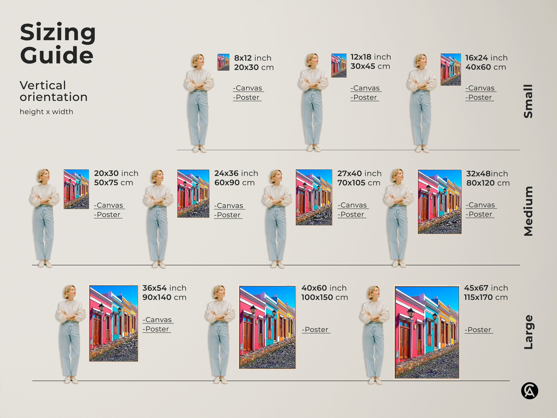 A sizing guide for vertical orientation cityscape art prints is shown. Sizes range from small 8x12 to large 45x67 prints on canvas or poster. Find the perfect fit for your space with this colorful houses wall art. Ideal for eclectic decor this cartoonish travel artwork suits any room. Gift travel lover art.