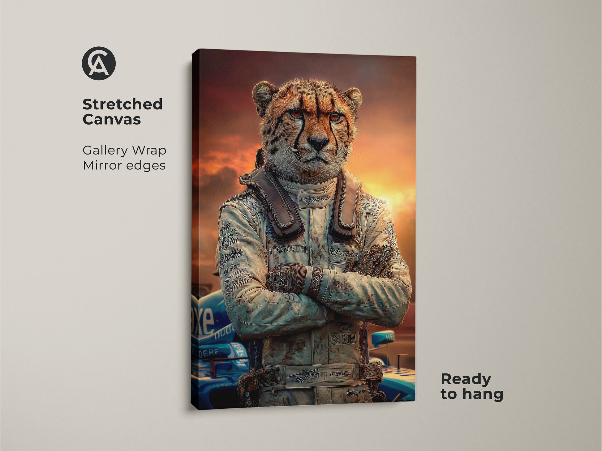 This is a stretched canvas print of a cheetah race car driver. It's surreal animal wall art ready to hang. The gallery wrap features mirror edges. It captures a wild cat racing against a sunset backdrop. Perfect for an F1 fan gift.