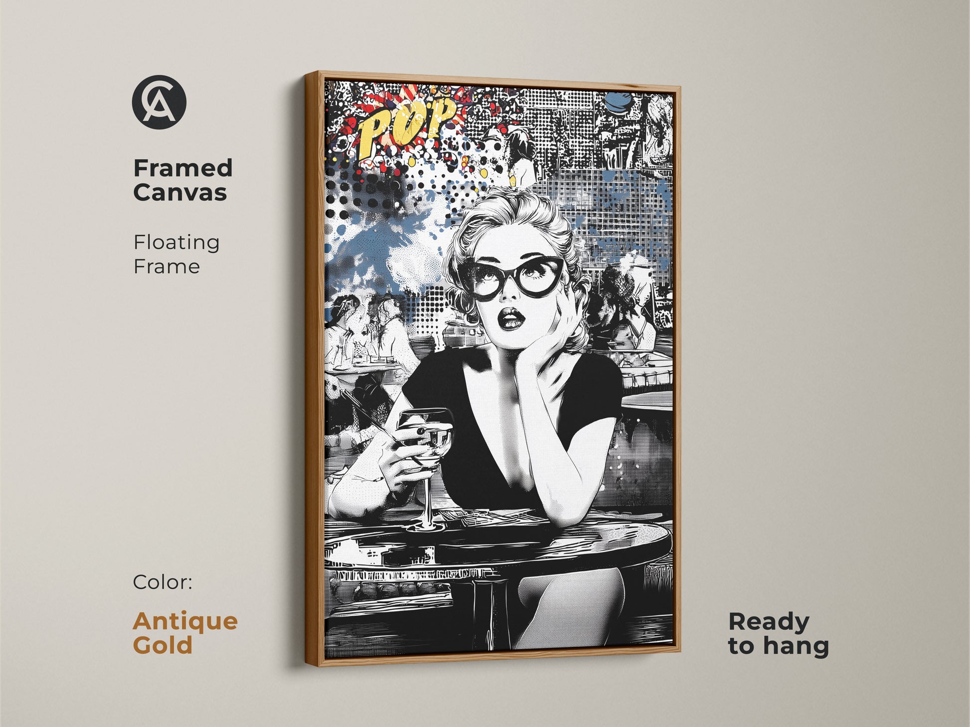 Bring a touch of antique gold to your walls. This framed canvas print showcases a retro woman with a cocktail. The antique gold floating frame enhances the black and white pop art. Perfect for eclectic home bar art or unique bar wall decor. Ready to hang.
