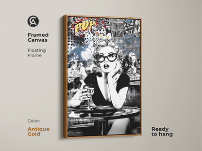 Bring a touch of antique gold to your walls. This framed canvas print showcases a retro woman with a cocktail. The antique gold floating frame enhances the black and white pop art. Perfect for eclectic home bar art or unique bar wall decor. Ready to hang.