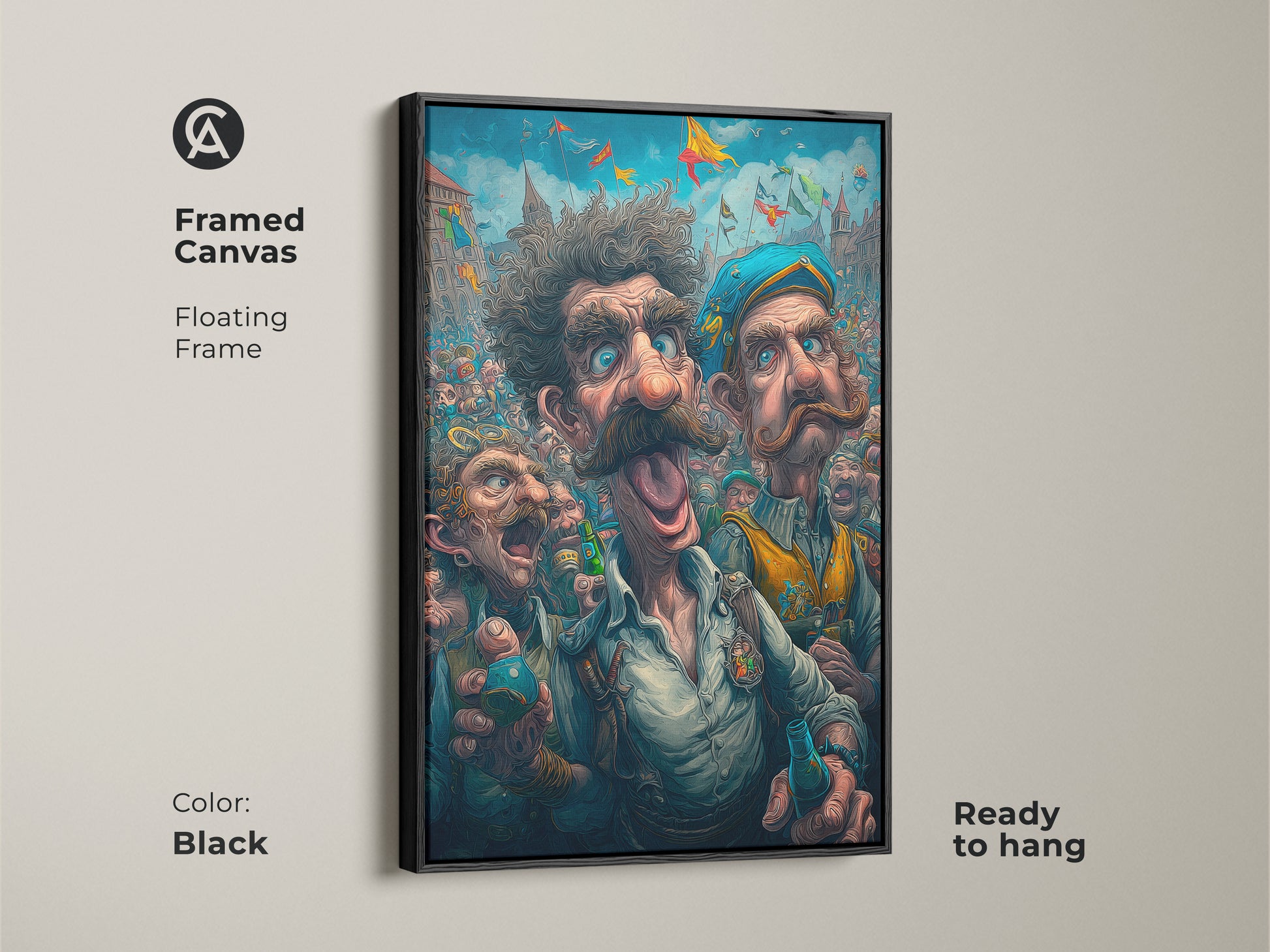Framed canvas artwork with a black floating frame. The art depicts a lively festival scene. Three men with unique expressions are featured prominently. Ready to hang this framed art adds style. Ideal for enhancing any room's decor.