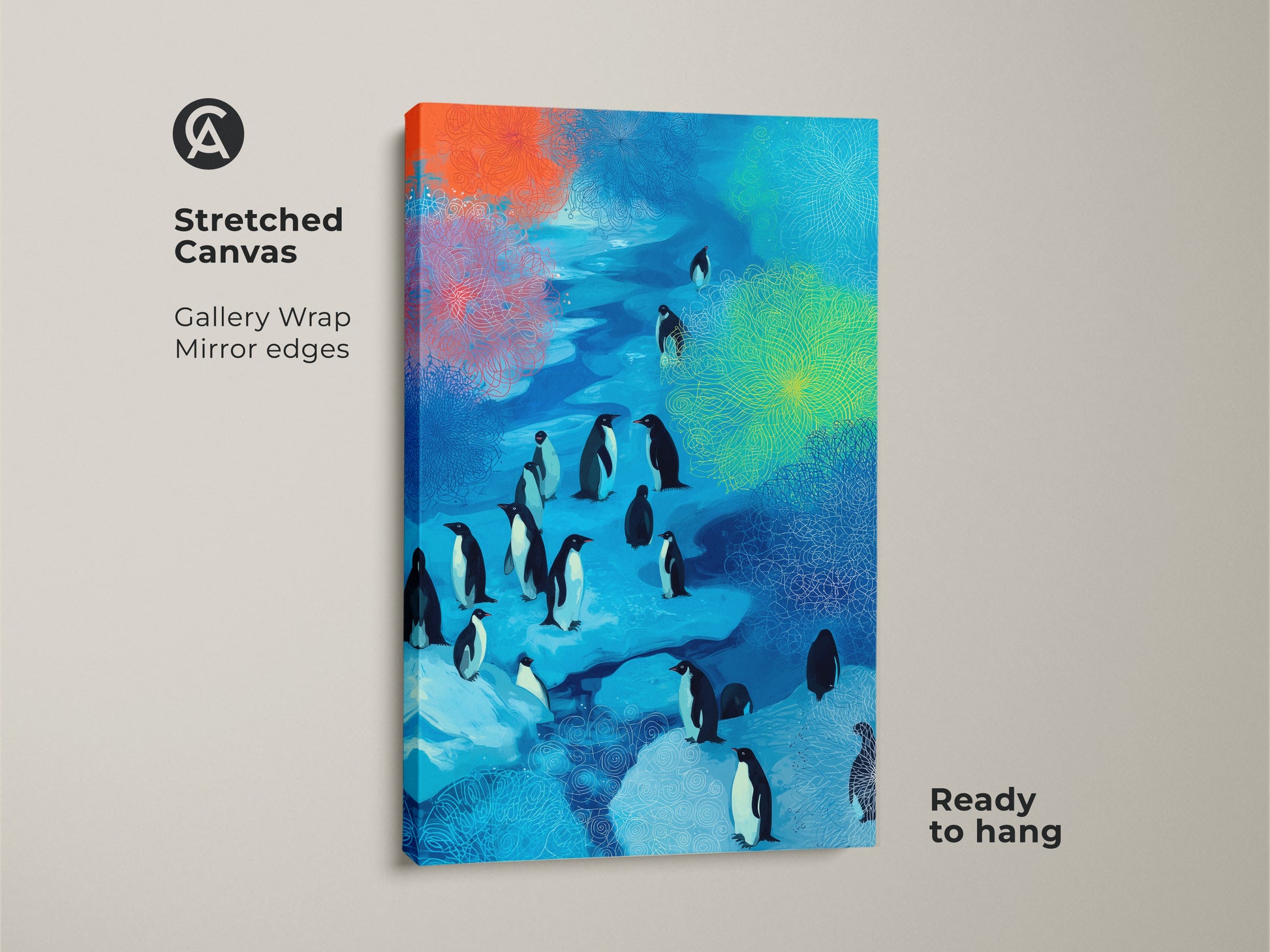 Stretched Canvas showcasing abstract penguin artwork. Gallery wrapped with mirrored edges. Ready to hang for easy wall art installation. Ocean blue and teal colors.