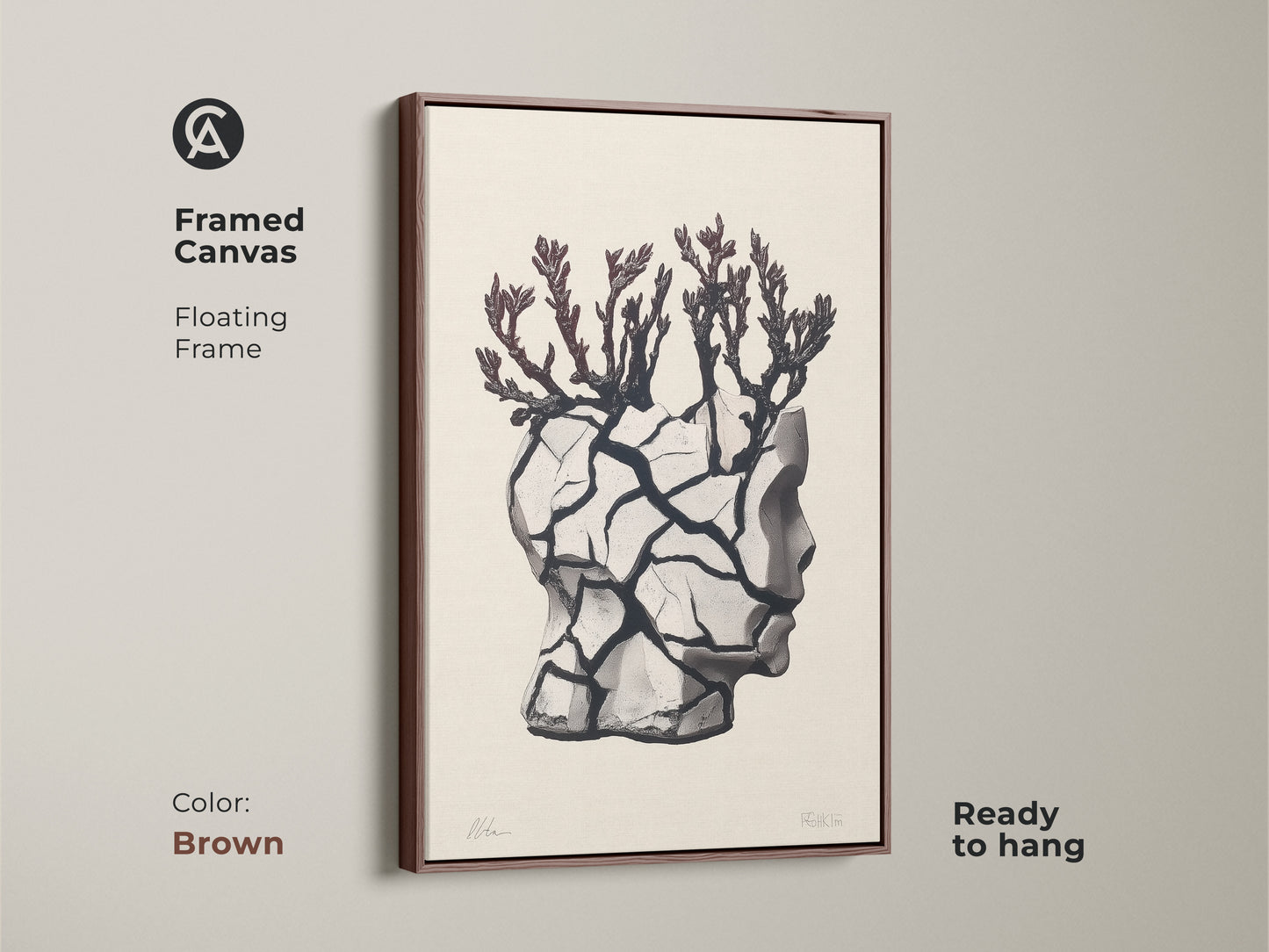 Brown framed canvas featuring a surreal head sculpture artwork. This conceptual figurative artwork includes a branch motif. The piece is perfect for eclectic beige and black wall art. Ready to hang floating framed canvas adds contemporary conceptual artwork to a living room. This is a unique gift.